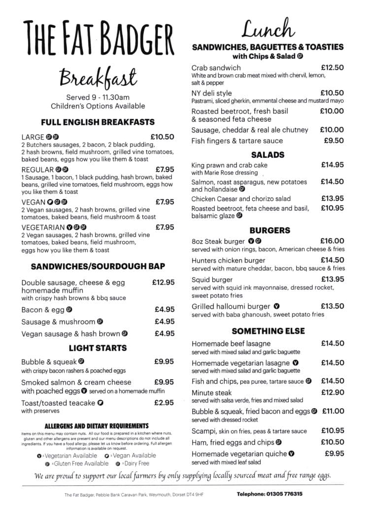 the fat badger breakfast and lunch menu 0423